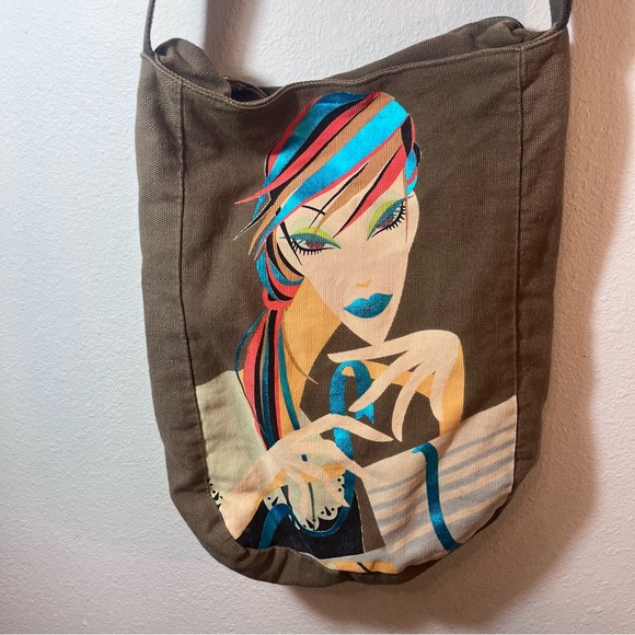 VTG Custo Barcelona Graphic Canvas Crossbody Bag | Y2K Art Face Embroidery - Picture 6 of 16